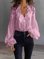 Women's Lace Blouse with Ruffle Sleeves and Flowing Fit