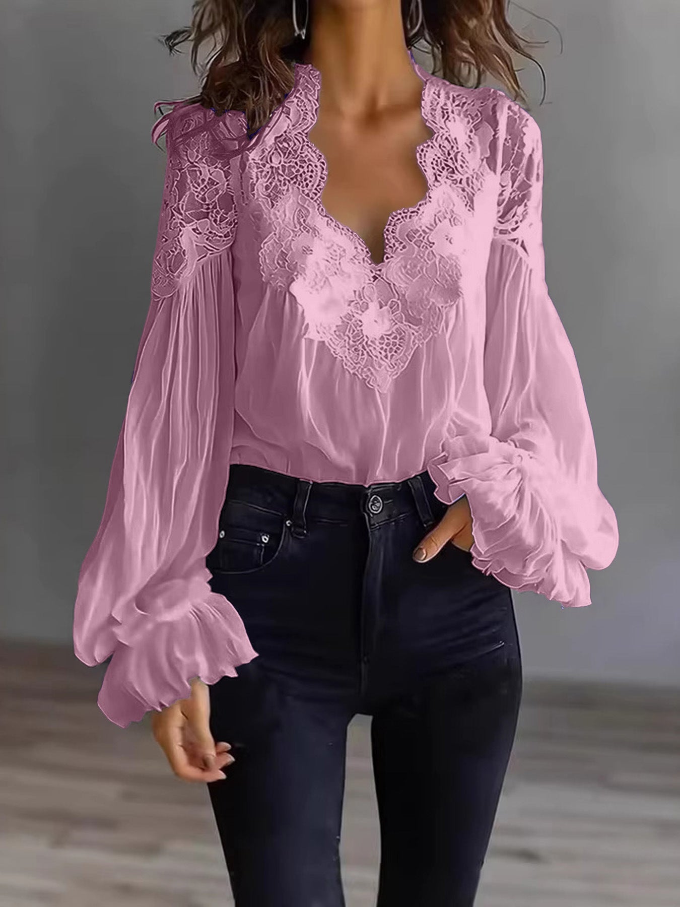 Women's Lace Blouse with Ruffle Sleeves and Flowing Fit