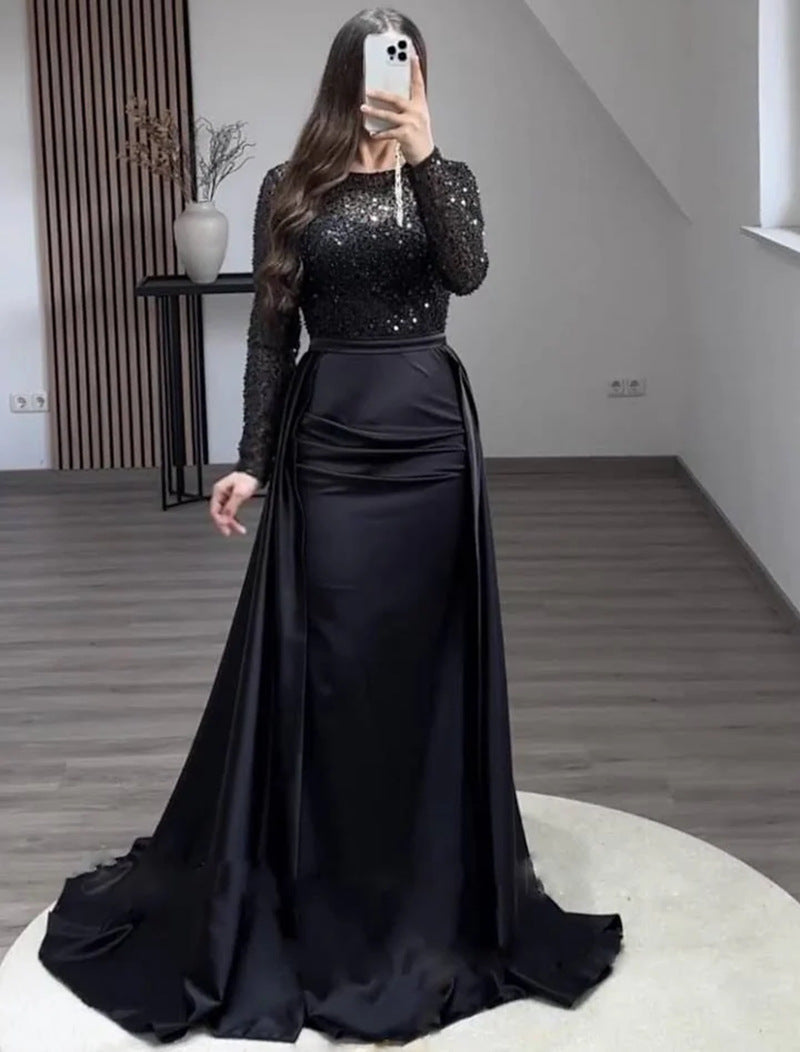 Women's Long Sleeve Glitter Gown – Flowing Sparkle Evening Dress