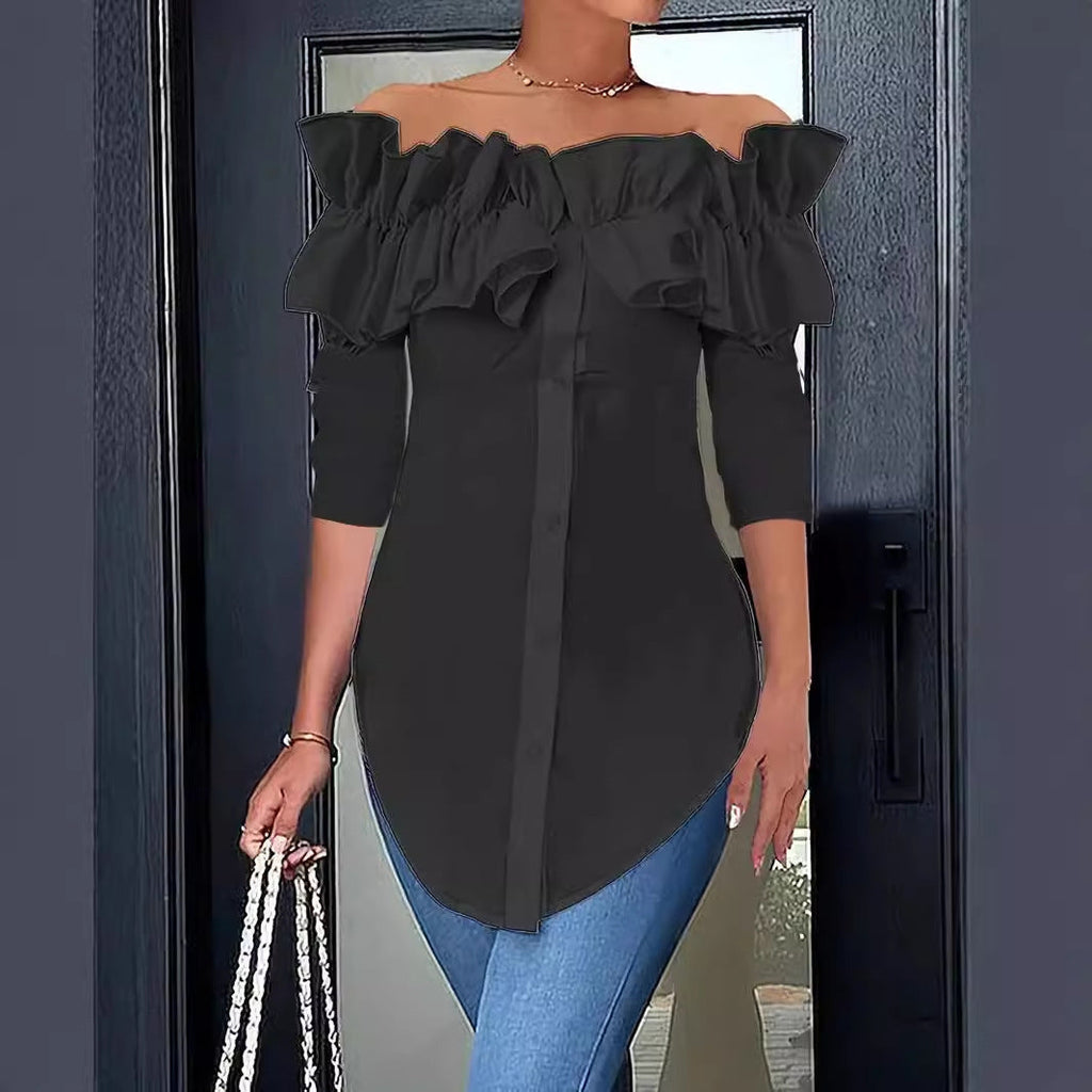Women's Ruffled Off-Shoulder Blouse – Three-Quarter Sleeve Button Blouse