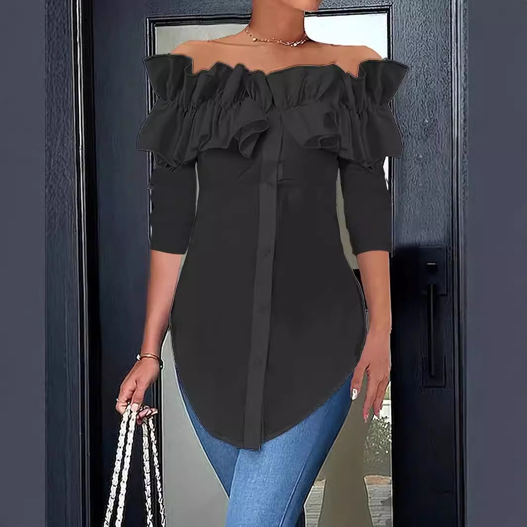 Women's Ruffled Off-Shoulder Blouse – Three-Quarter Sleeve Button Blouse