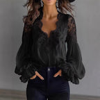Women's Lace Blouse with Ruffle Sleeves and Flowing Fit