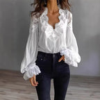 Women's Lace Blouse with Ruffle Sleeves and Flowing Fit