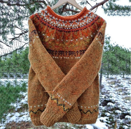 Women's Vintage Icelandic Sweater – Nordic Pattern Crew Neck Knit Pullover
