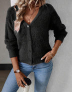 Women's Plush V-Neck Cardigan – Button Front Relaxed Knit Cardigan