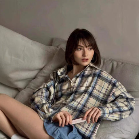 Women's Plaid Oversized Blouse – Relaxed Collared Button Front Shirt