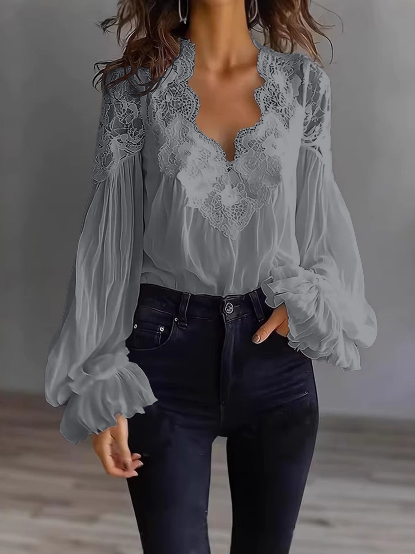 Women's Lace Blouse with Ruffle Sleeves and Flowing Fit