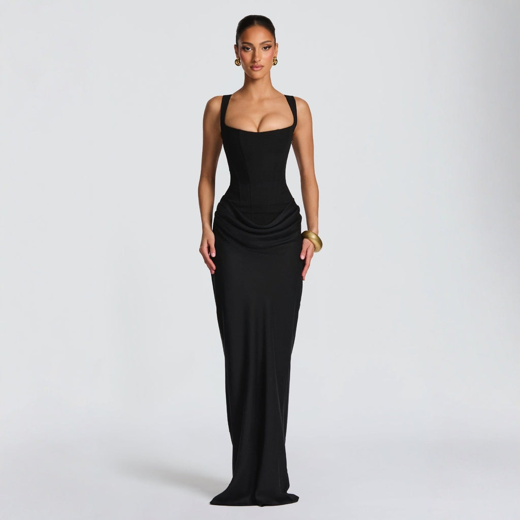 Women's Fitted Maxi Dress – Deep V-Neck Dress