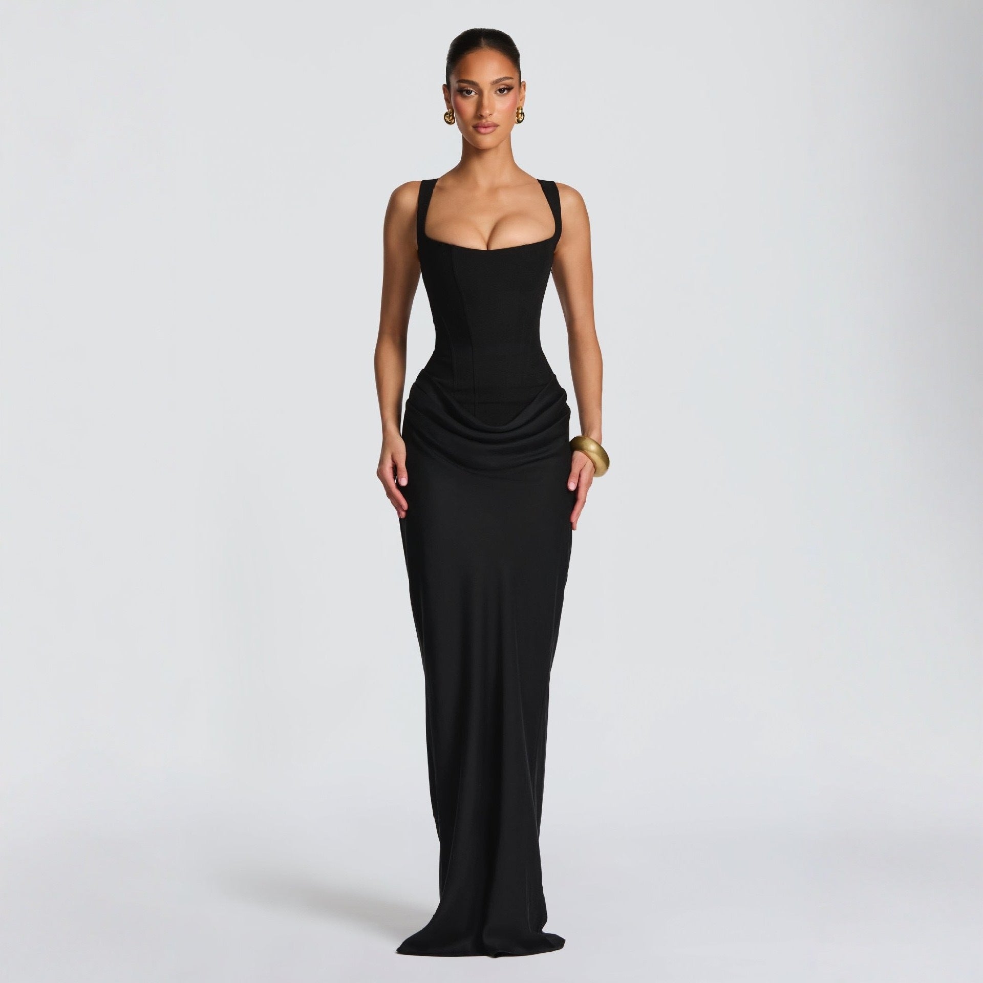 Women's Fitted Maxi Dress – Deep V-Neck Dress