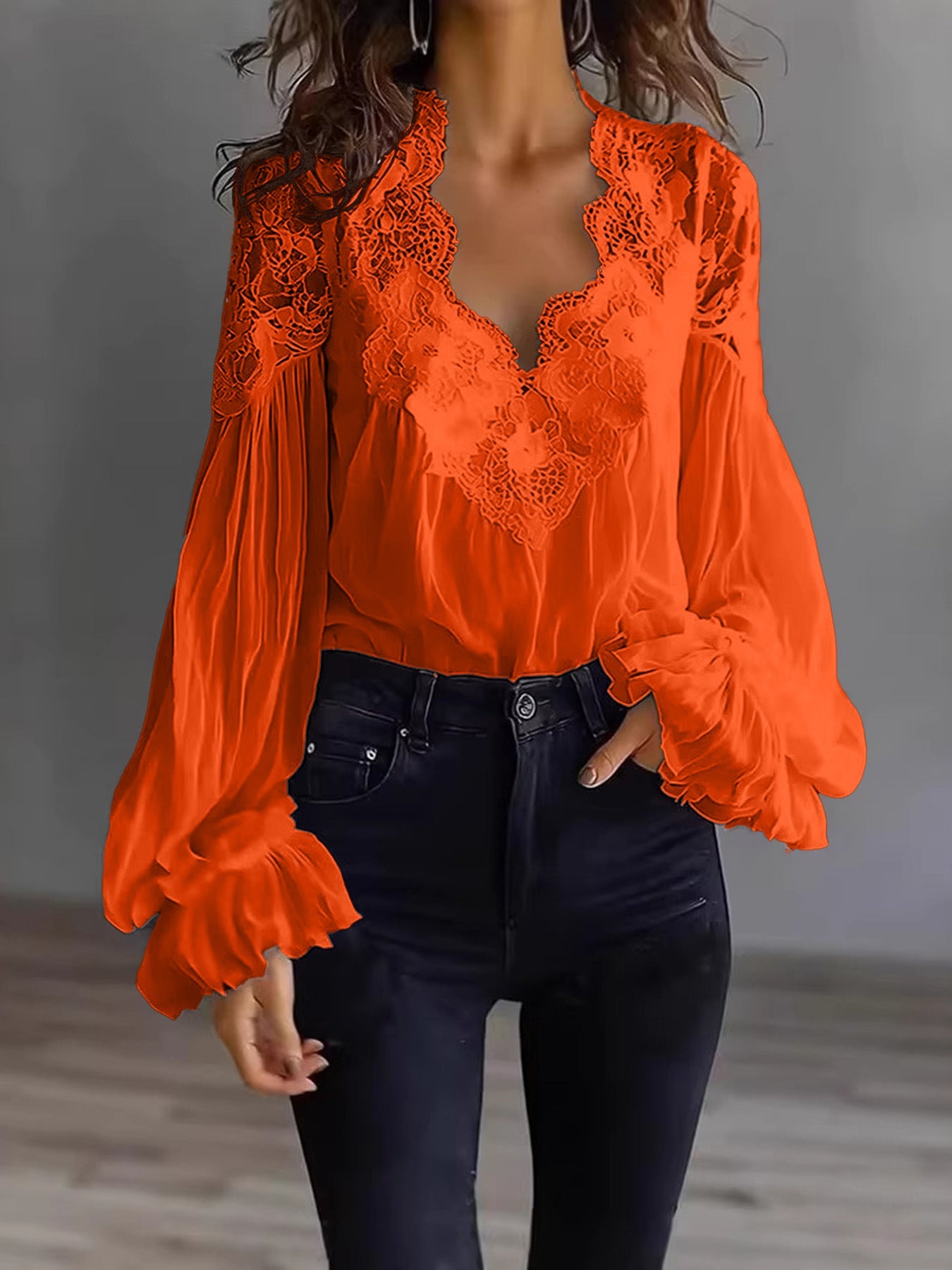 Women's Lace Blouse with Ruffle Sleeves and Flowing Fit