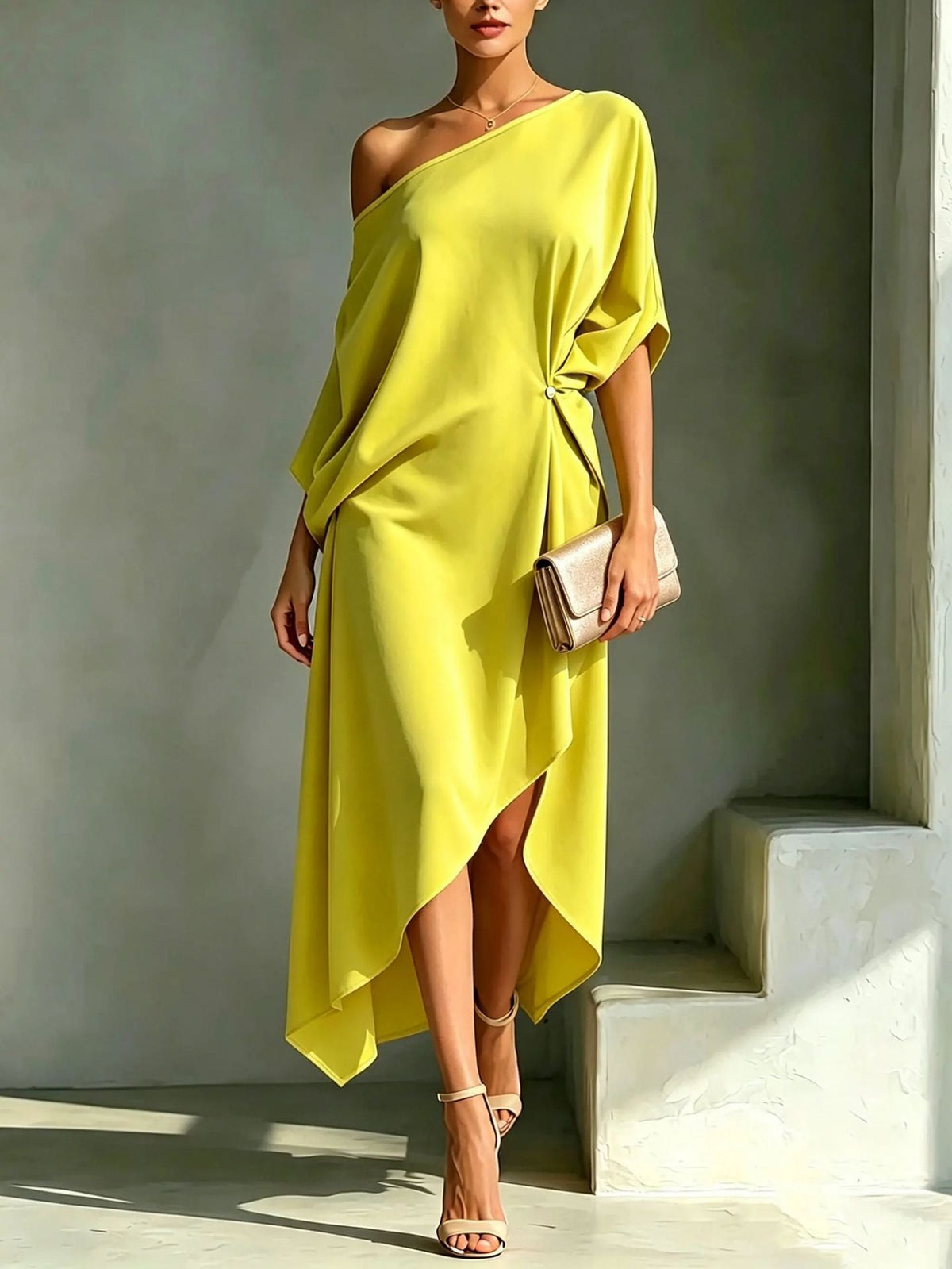 Women's One Shoulder Draped Wedding Guest Dress – Asymmetrical Formal Occasion Dress