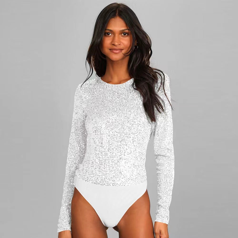 Women's Sequin Party Bodysuit – Sparkle Fitted Long Sleeve Bodysuit