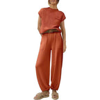 Women's Crew Neck Pants Set – Short Sleeve Top & High Waist Trousers