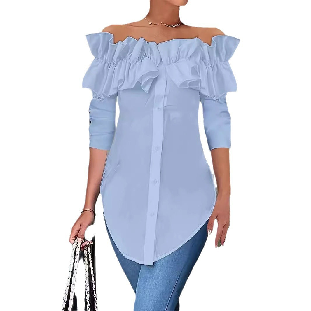 Women's Ruffled Off-Shoulder Blouse – Three-Quarter Sleeve Button Blouse