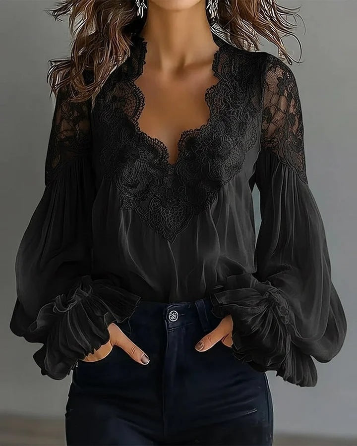 Women's Lace Blouse with Ruffle Sleeves and Flowing Fit