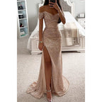 Women's Sequin Off-Shoulder Gown – Sparkle Side Slit Evening Dress