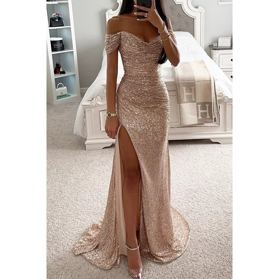 Women's Sequin Off-Shoulder Gown – Sparkle Side Slit Evening Dress