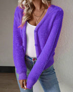 Women's Plush V-Neck Cardigan – Button Front Relaxed Knit Cardigan
