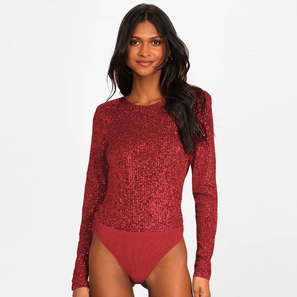 Women's Sequin Party Bodysuit – Sparkle Fitted Long Sleeve Bodysuit