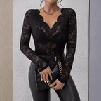 Women's Sheer Floral Lace Bodysuit – Deep V-Neck Long Sleeve Bodysuit