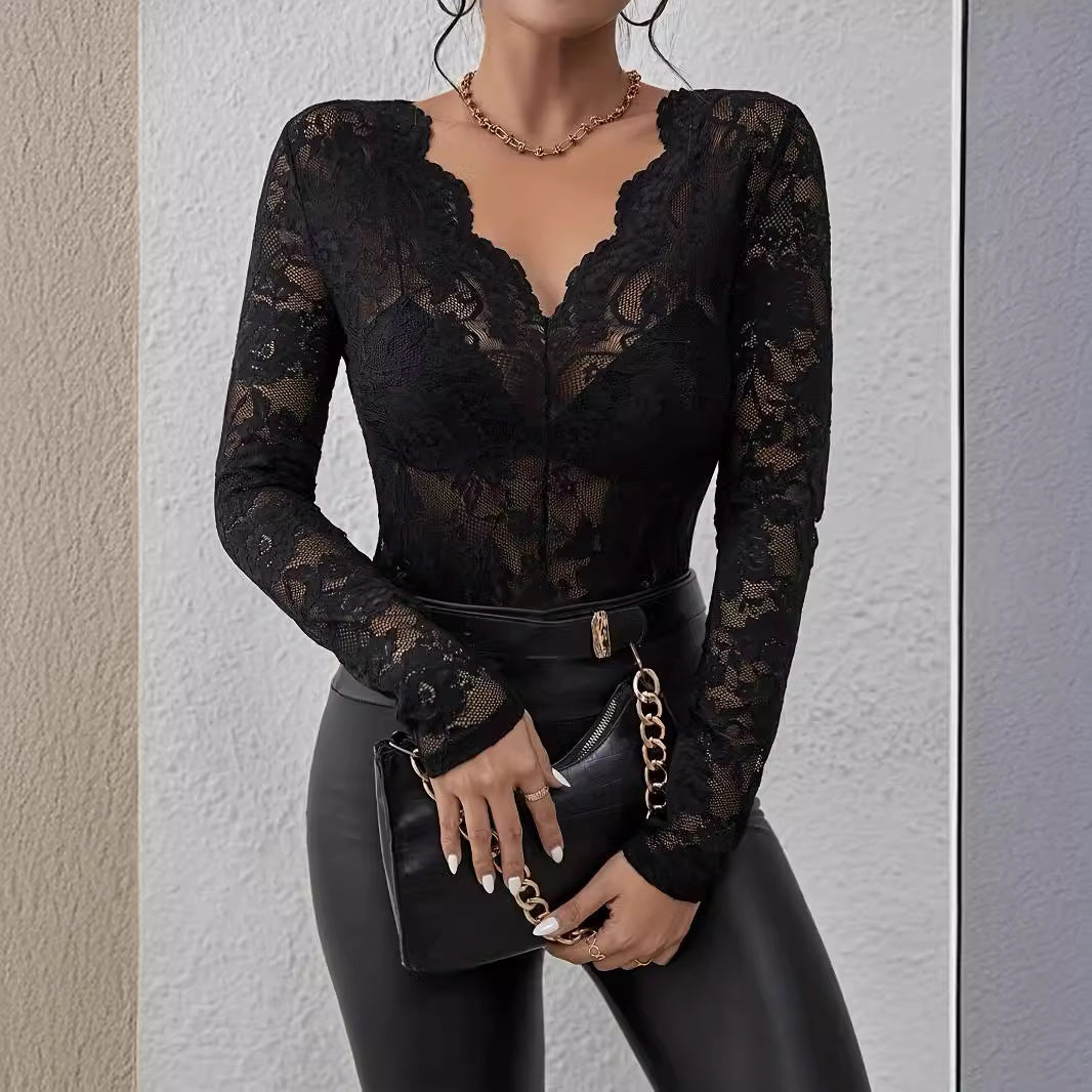 Women's Sheer Floral Lace Bodysuit – Deep V-Neck Long Sleeve Bodysuit