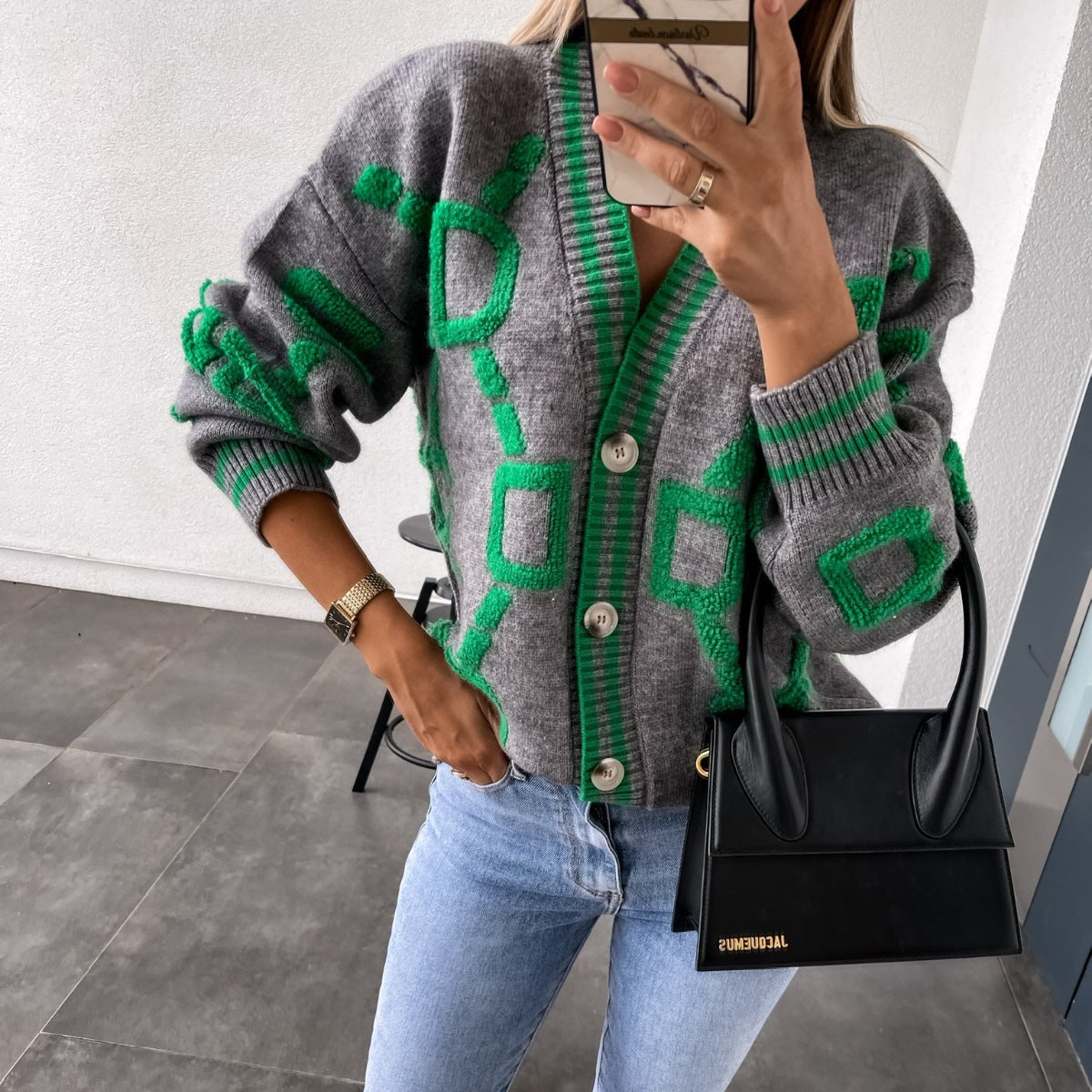 Women's Geometric Pattern Cardigan – Oversized Button Front Knit Cardigan