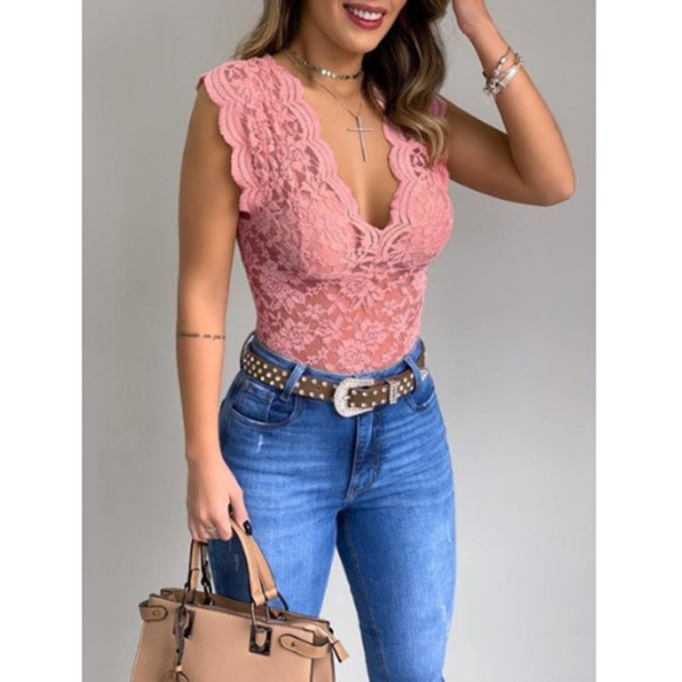 Women's Ruffle Lace Bodysuit – Plunging V-Neck Statement Sleeve Bodysuit