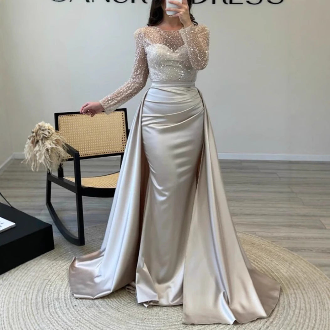 Women's Long Sleeve Glitter Gown – Flowing Sparkle Evening Dress