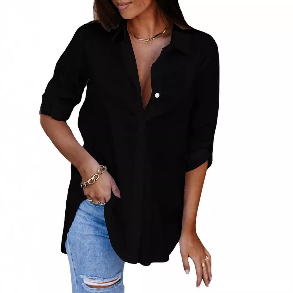 Women's Button Up Shirt with Chest Pocket and Roll-Up Sleeves