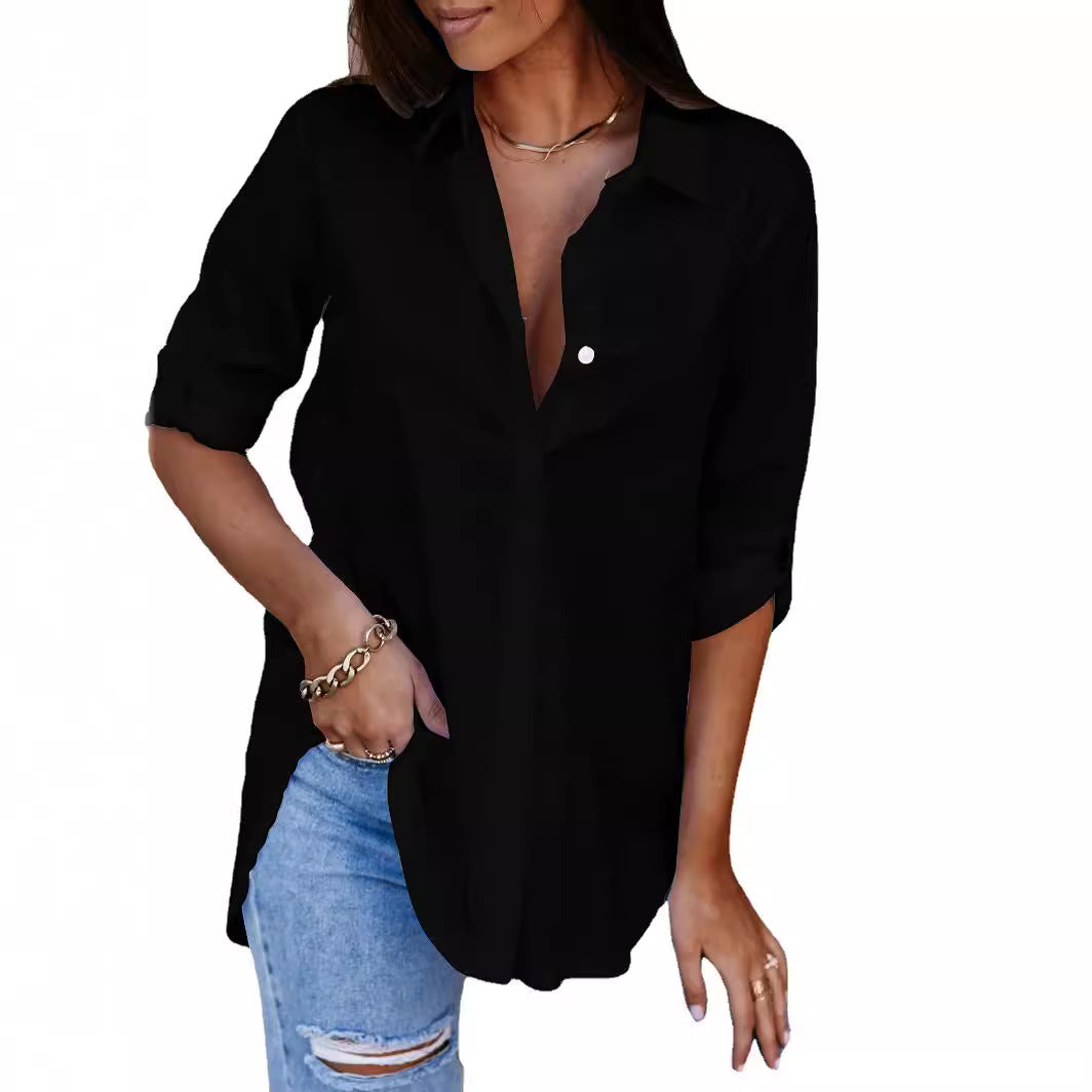 Women's Button Up Shirt with Chest Pocket and Roll-Up Sleeves