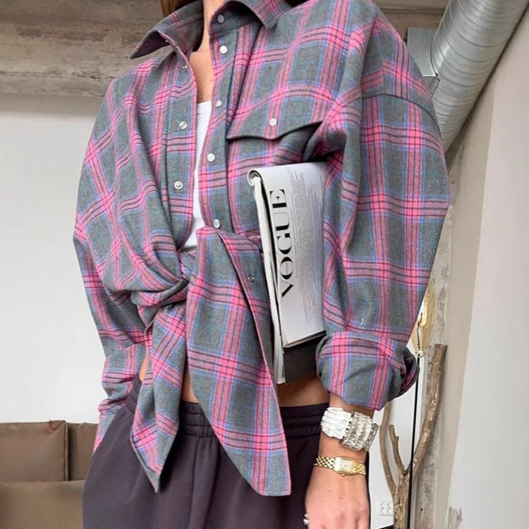 Women's Plaid Oversized Blouse – Relaxed Collared Button Front Shirt