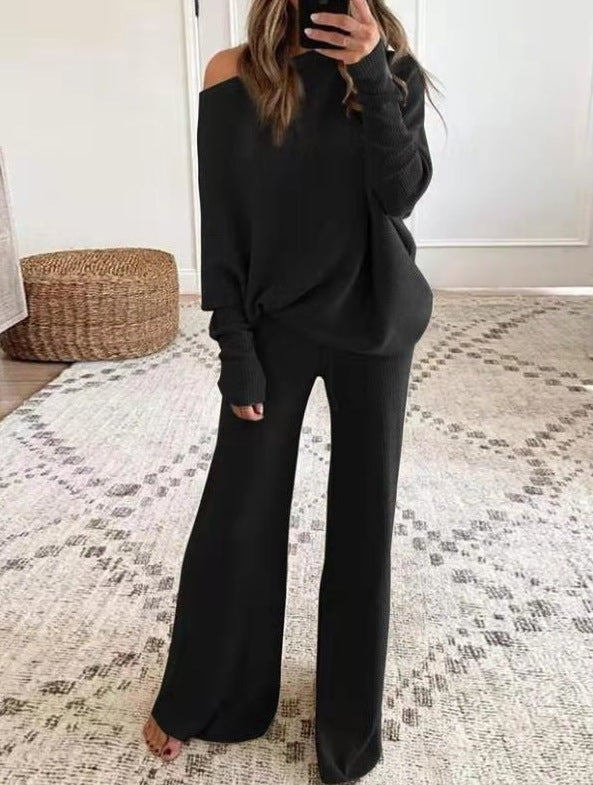 Women's Wide Leg Knit Pants Set – Long Sleeve Top & Matching Trousers
