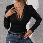 Women's Plunging Lace Bodysuit – Deep V-Neck Long Sleeve Bodysuit