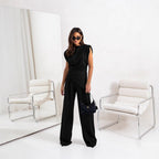 Women's Draped Two-Piece Set – High Waist Wide Leg Pants Set