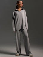 Women's Oversized Polo Sweater Set – Collared Sweater Wide Leg Pants Set
