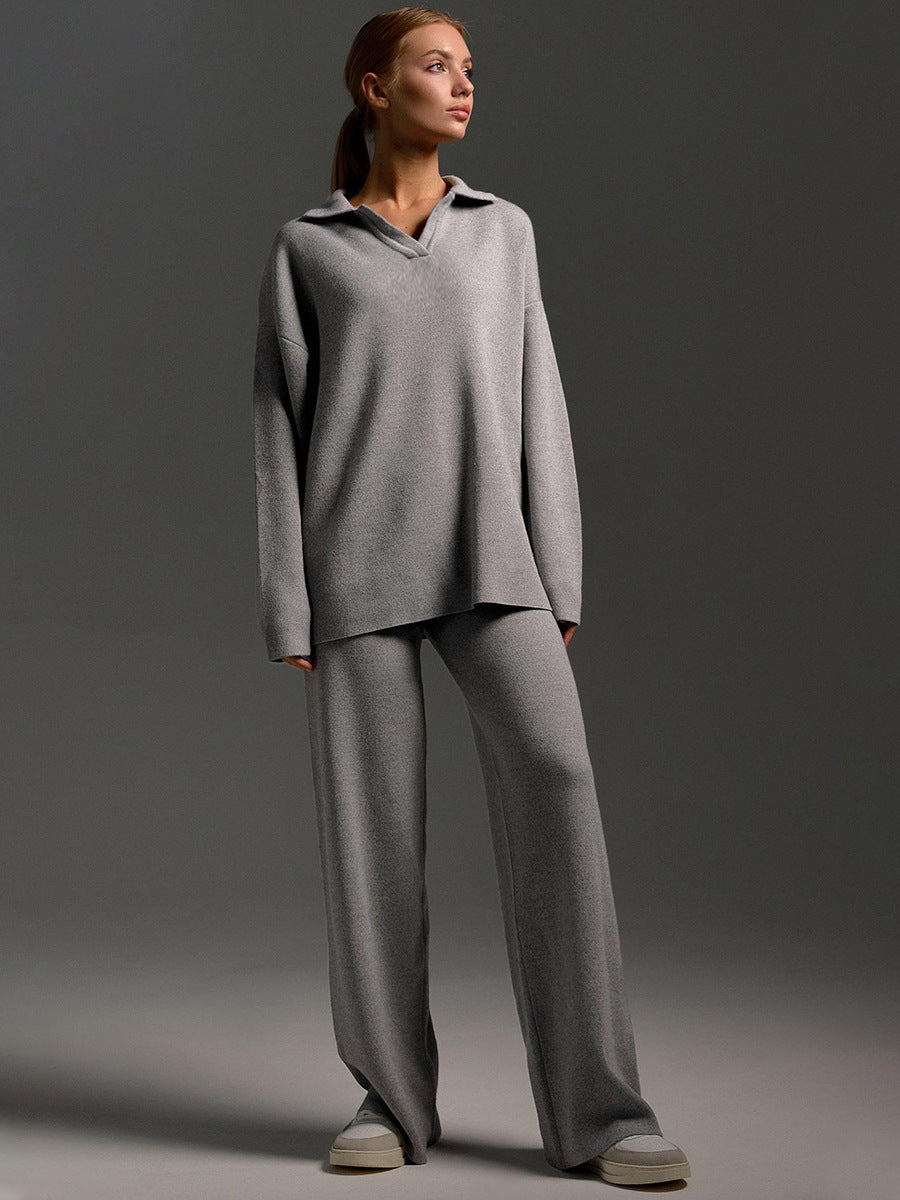 Women's Oversized Polo Sweater Set – Collared Sweater Wide Leg Pants Set