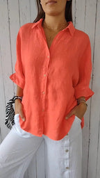 Women's Loose Fit Blouse with Roll-Up Sleeves and Classic Collar
