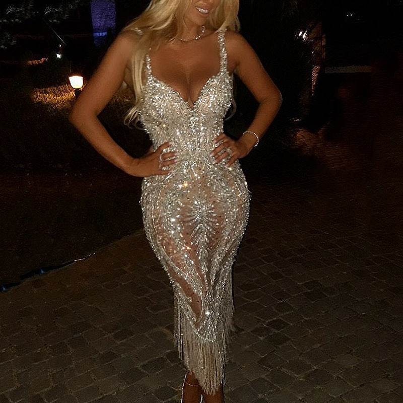 Women's Sequin Fringe Gown – V-Neck Sparkle Evening Dress