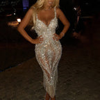 Women's Sequin Fringe Gown – V-Neck Sparkle Evening Dress