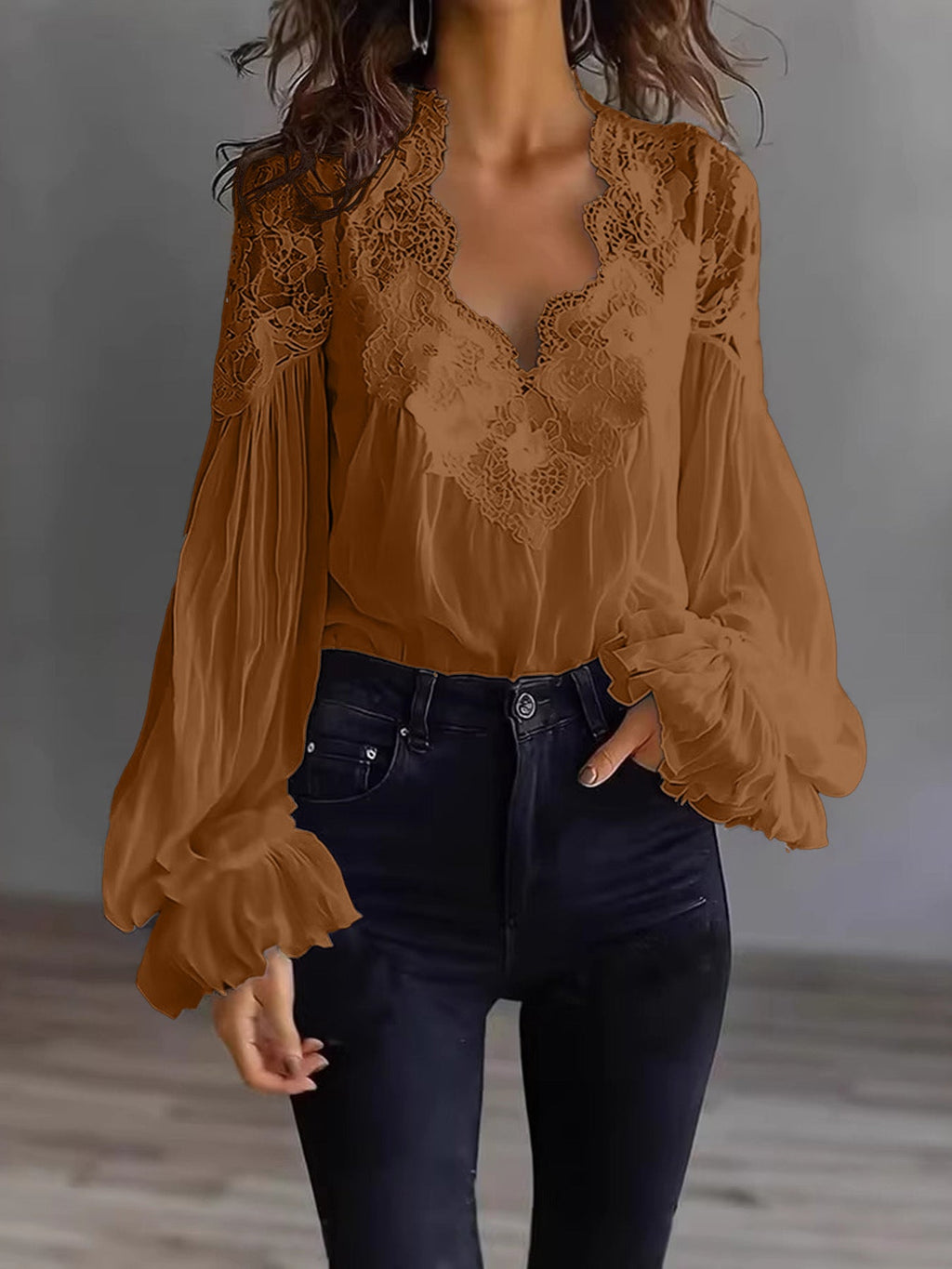 Women's Lace Blouse with Ruffle Sleeves and Flowing Fit