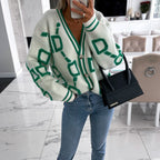 Women's Geometric Pattern Cardigan – Oversized Button Front Knit Cardigan