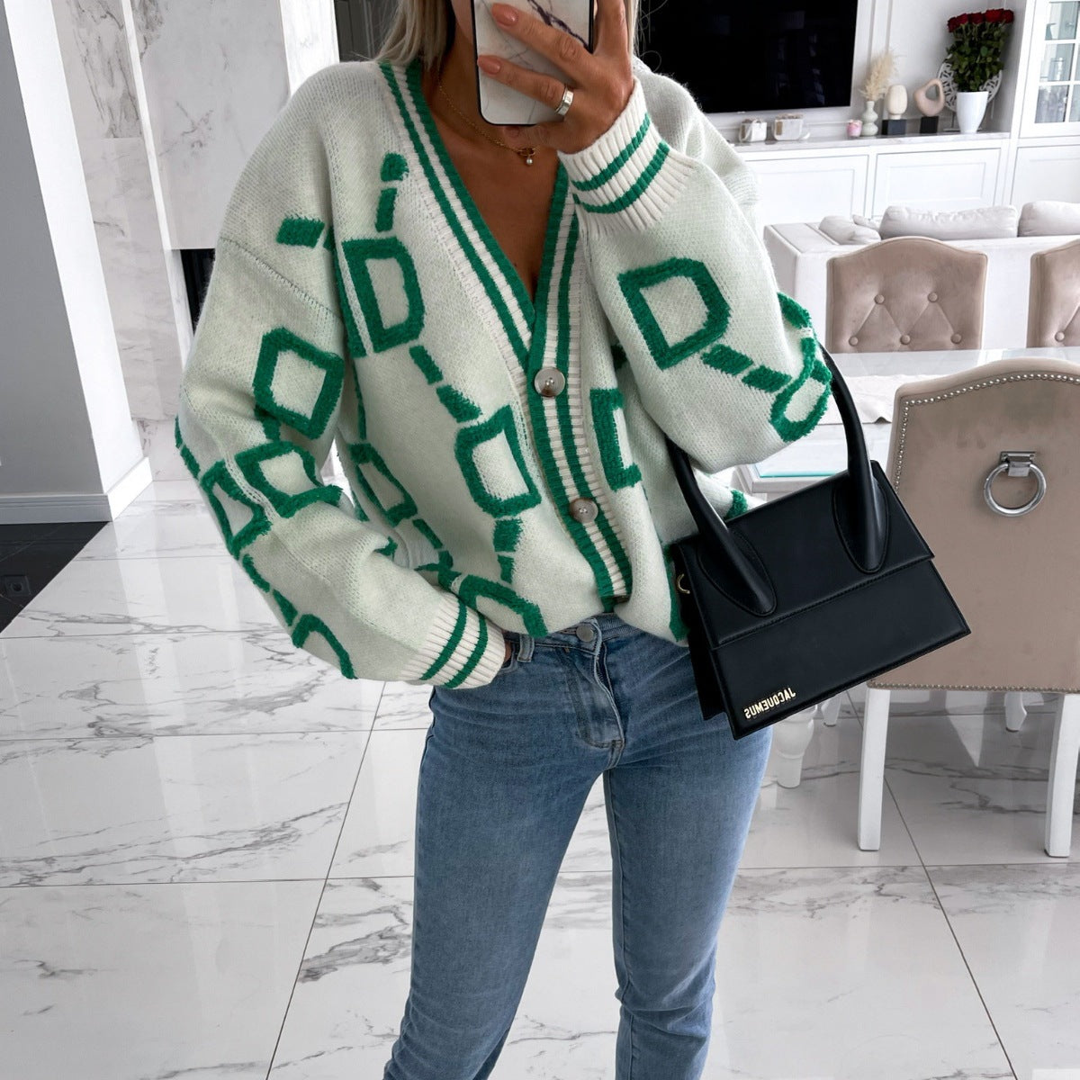 Women's Geometric Pattern Cardigan – Oversized Button Front Knit Cardigan