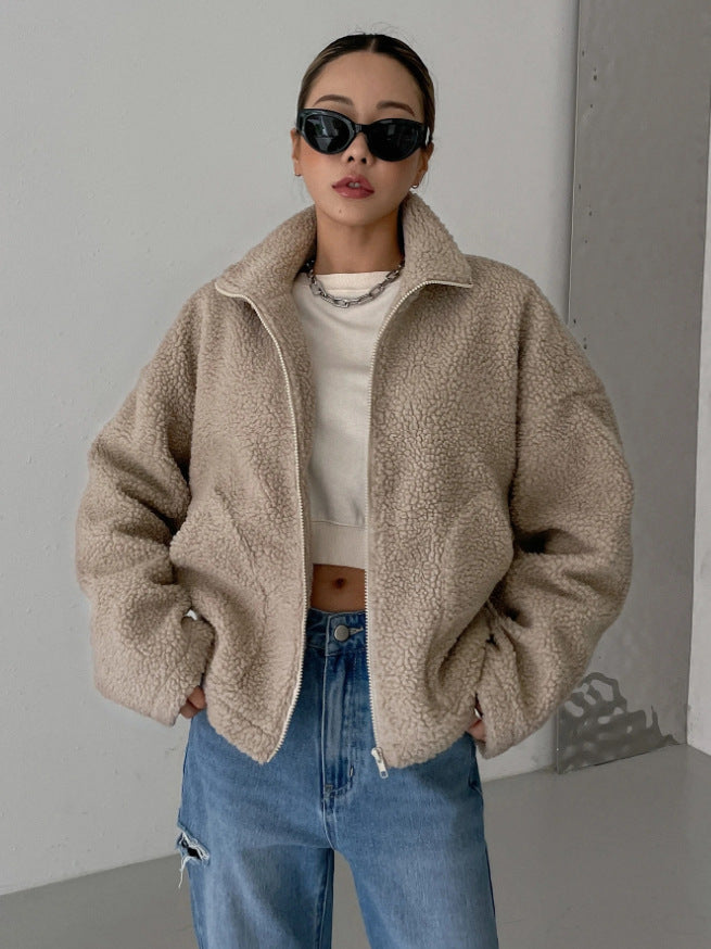 Women's Stand Collar Fleece Jacket – Oversized Zip-Up Winter Jacket