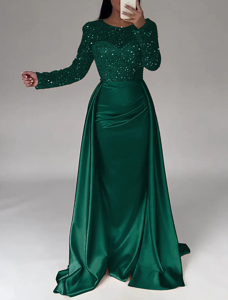 Women's Long Sleeve Glitter Gown – Flowing Sparkle Evening Dress