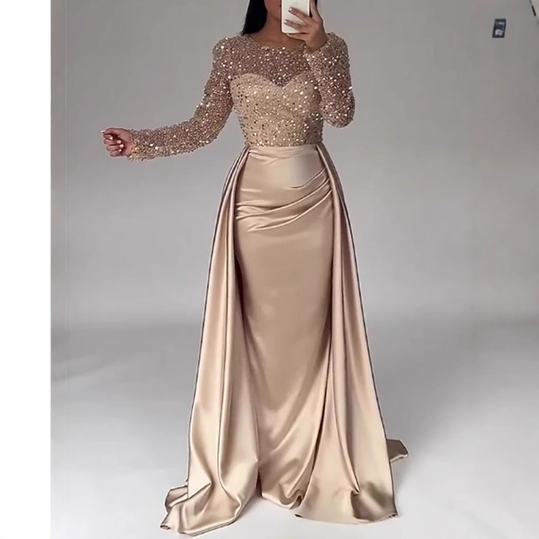 Women's Long Sleeve Glitter Gown – Flowing Sparkle Evening Dress