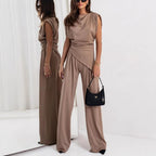 Women's Draped Two-Piece Set – High Waist Wide Leg Pants Set