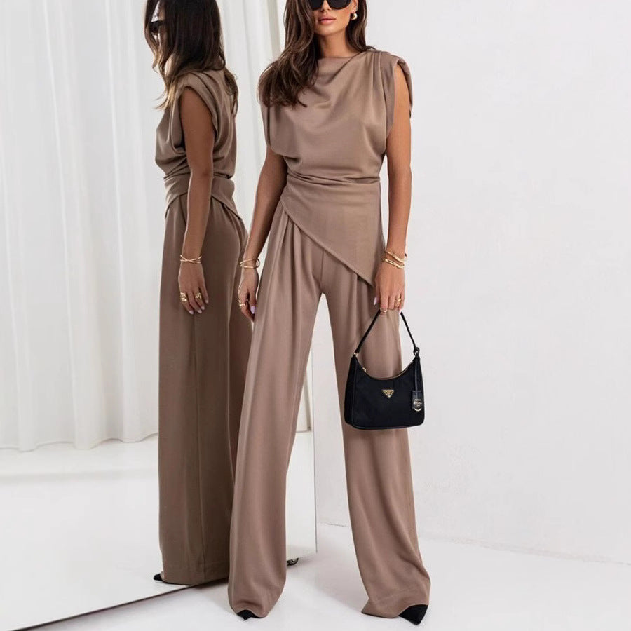 Women's Draped Two-Piece Set – High Waist Wide Leg Pants Set