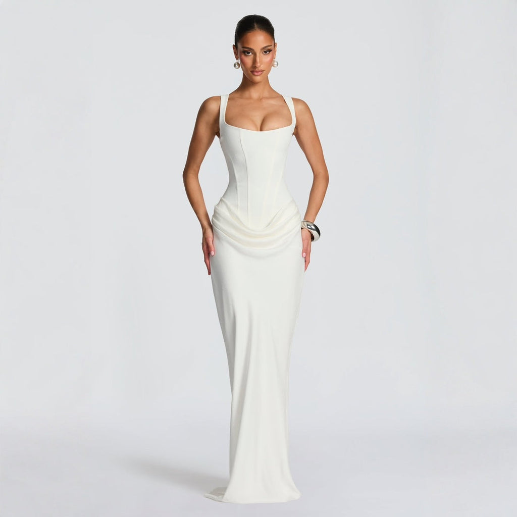Women's Fitted Maxi Dress – Deep V-Neck Dress