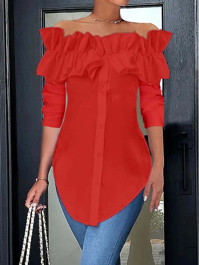 Women's Ruffled Off-Shoulder Blouse – Three-Quarter Sleeve Button Blouse