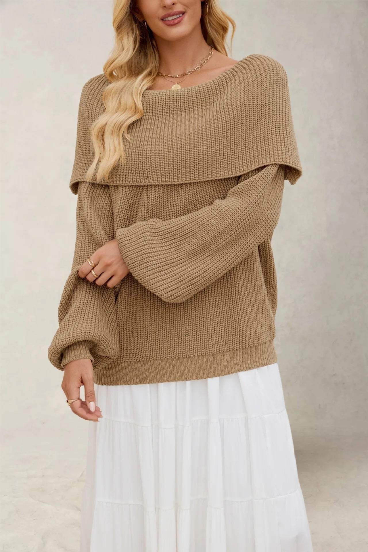 Women's Slouchy Off-Shoulder Sweater – Wide Neck Relaxed Long Sleeve Pullover